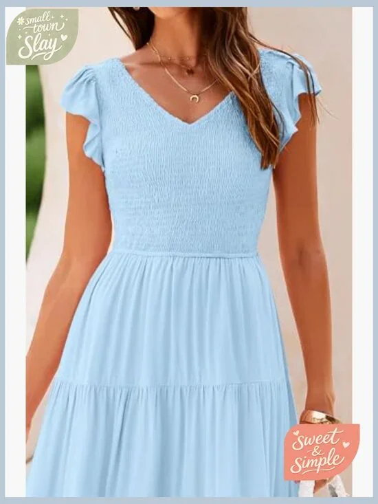 Flowy Maxi Dress with Smocked Top V Neck Cap Sleeve Summer Casual - Picture 5 of 7